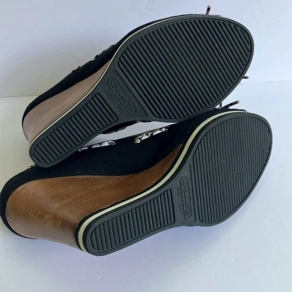 Coach Open Toe Wedges Size 7.5 Women’s Black White Bow - Picture 6 of 6